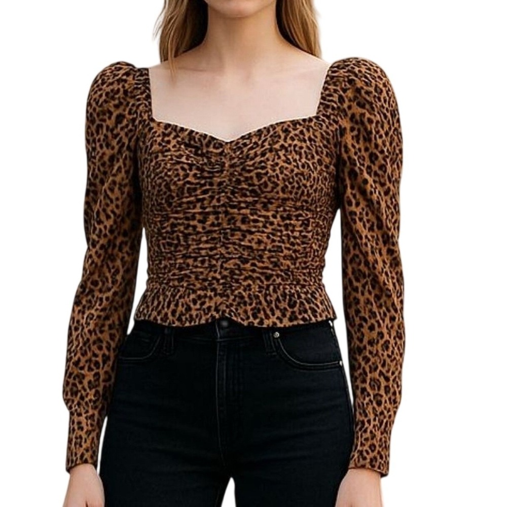 Missguided Ruched Mesh Top Women Size 6 Brown Leopard Print Puff Sleeve Trendy